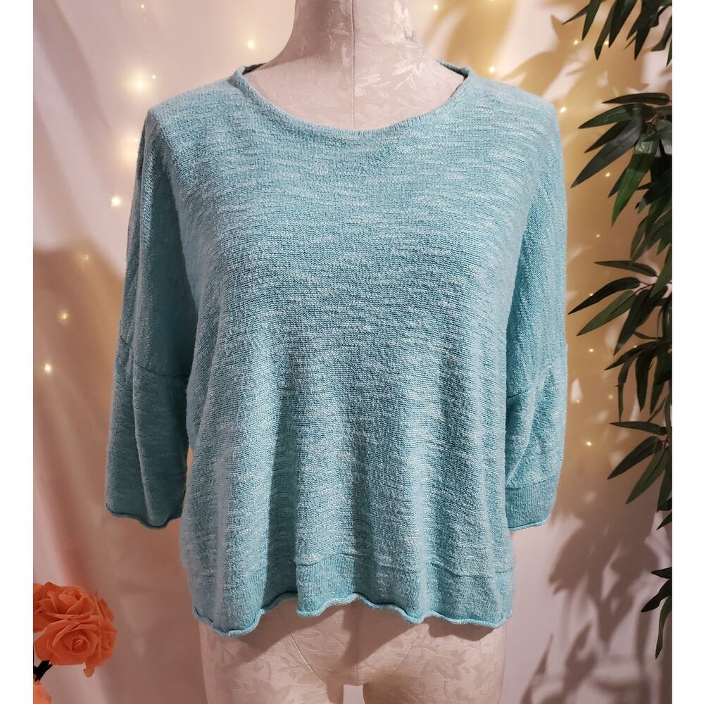 Eskandar Hand Loomed Linen Drop Sleeve Boxy Knit Sweater Womens OS Light Blue